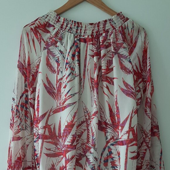 TAHARI - Foliage Print Long Sleeve Blouse - White/Pink - Size Medium - Picture 4 of 6